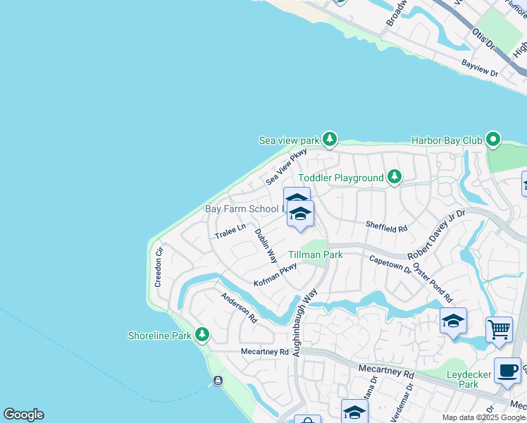map of restaurants, bars, coffee shops, grocery stores, and more near 43 Cork Road in Alameda