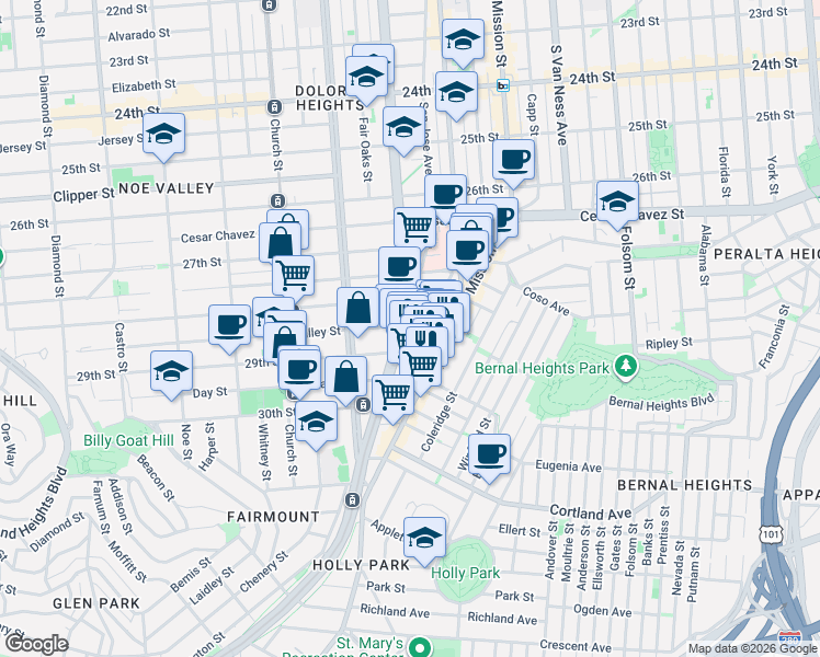 map of restaurants, bars, coffee shops, grocery stores, and more near in San Francisco
