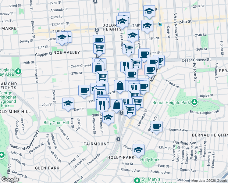 map of restaurants, bars, coffee shops, grocery stores, and more near 121 Valley Street in San Francisco