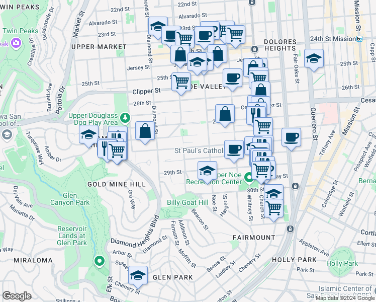 map of restaurants, bars, coffee shops, grocery stores, and more near 2123 Castro Street in San Francisco