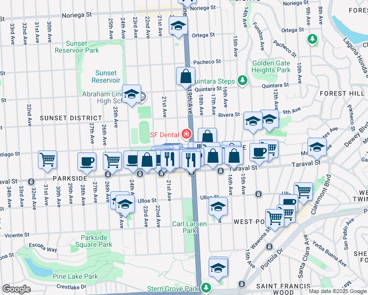 map of restaurants, bars, coffee shops, grocery stores, and more near 2316 20th Avenue in San Francisco