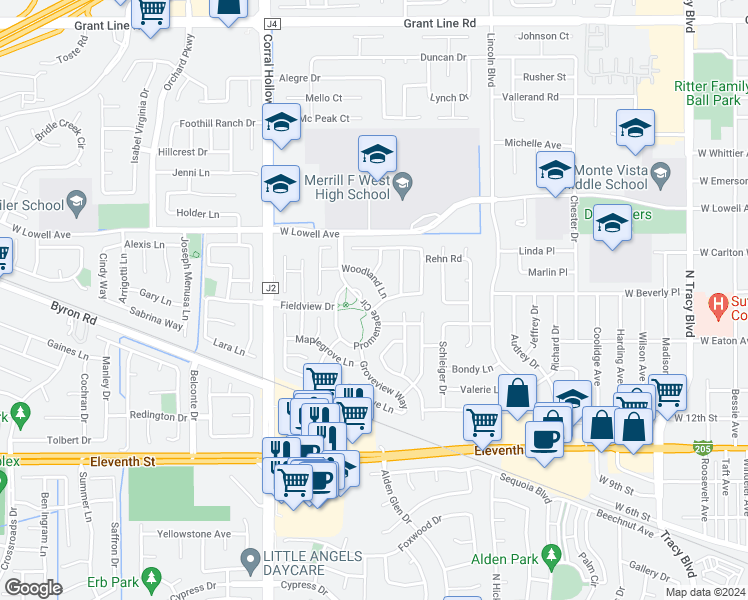 map of restaurants, bars, coffee shops, grocery stores, and more near 1731 Treehaven Lane in Tracy