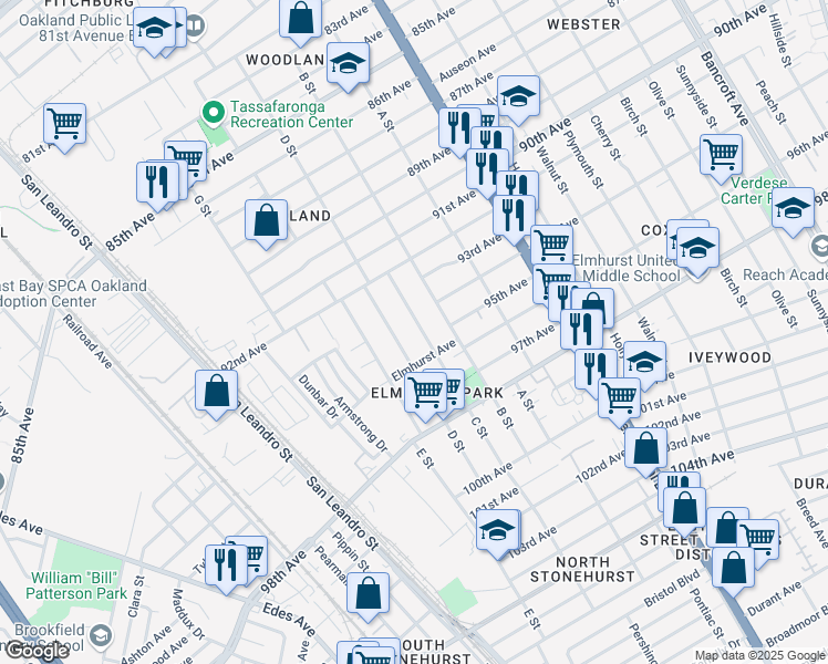 map of restaurants, bars, coffee shops, grocery stores, and more near 9423 C Street in Oakland