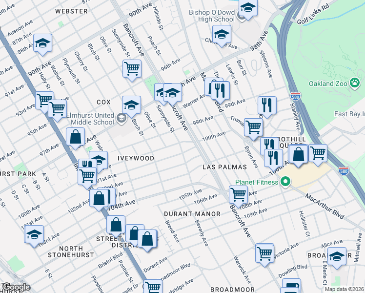 map of restaurants, bars, coffee shops, grocery stores, and more near 2125 101st Avenue in Oakland