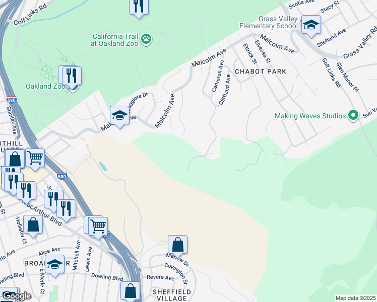 map of restaurants, bars, coffee shops, grocery stores, and more near 11275 Kerrigan Drive in Oakland