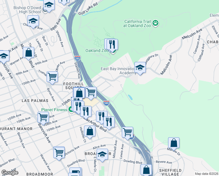 map of restaurants, bars, coffee shops, grocery stores, and more near 2970 Barrett Street in Oakland