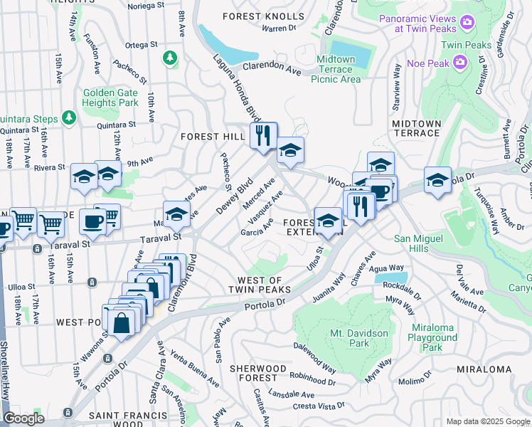 map of restaurants, bars, coffee shops, grocery stores, and more near 145 Vasquez Avenue in San Francisco