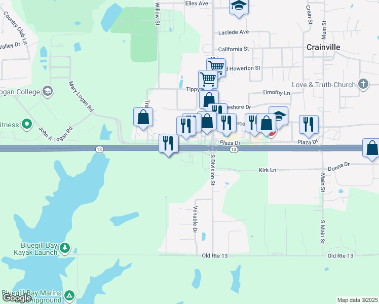 map of restaurants, bars, coffee shops, grocery stores, and more near 115 West Commercial Drive in Carterville