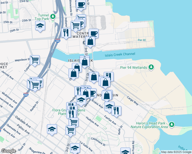 map of restaurants, bars, coffee shops, grocery stores, and more near 1570 Burke Avenue in San Francisco