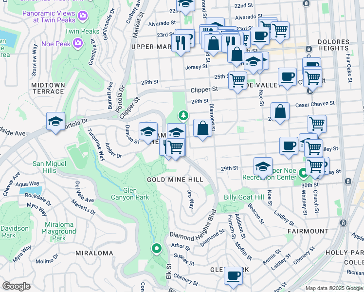 map of restaurants, bars, coffee shops, grocery stores, and more near 5235 Diamond Heights Boulevard in San Francisco