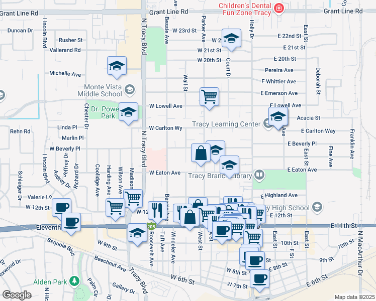map of restaurants, bars, coffee shops, grocery stores, and more near in Tracy