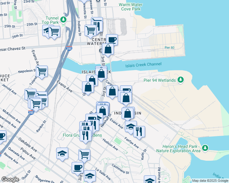 map of restaurants, bars, coffee shops, grocery stores, and more near 30-148 Cargo Way in San Francisco