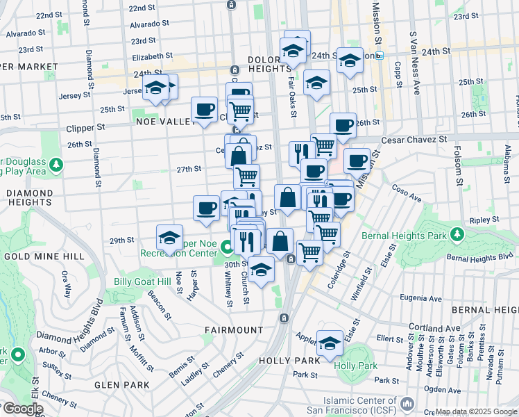 map of restaurants, bars, coffee shops, grocery stores, and more near 121 Valley Street in San Francisco
