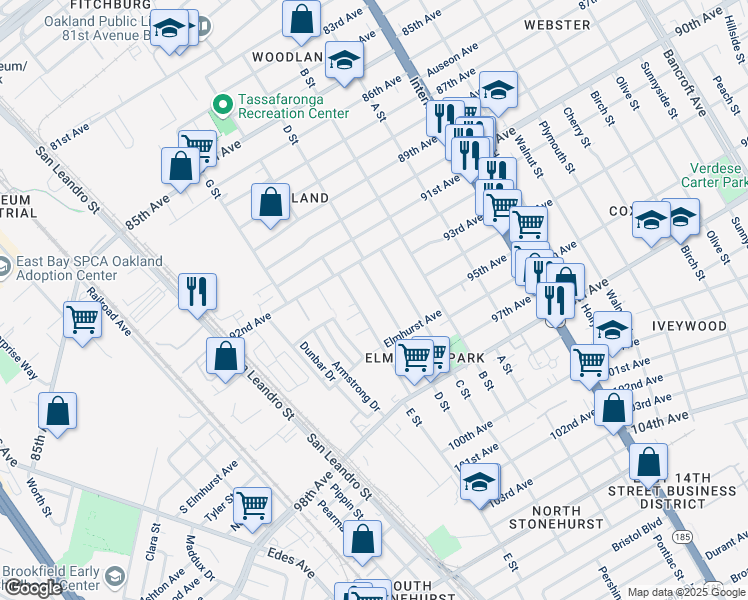 map of restaurants, bars, coffee shops, grocery stores, and more near 9405 D Street in Oakland