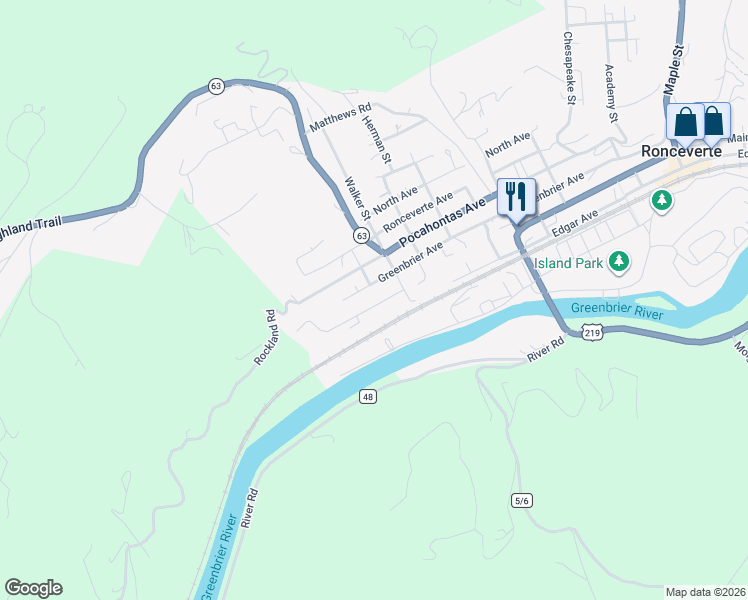 map of restaurants, bars, coffee shops, grocery stores, and more near 922 W Main St in Ronceverte