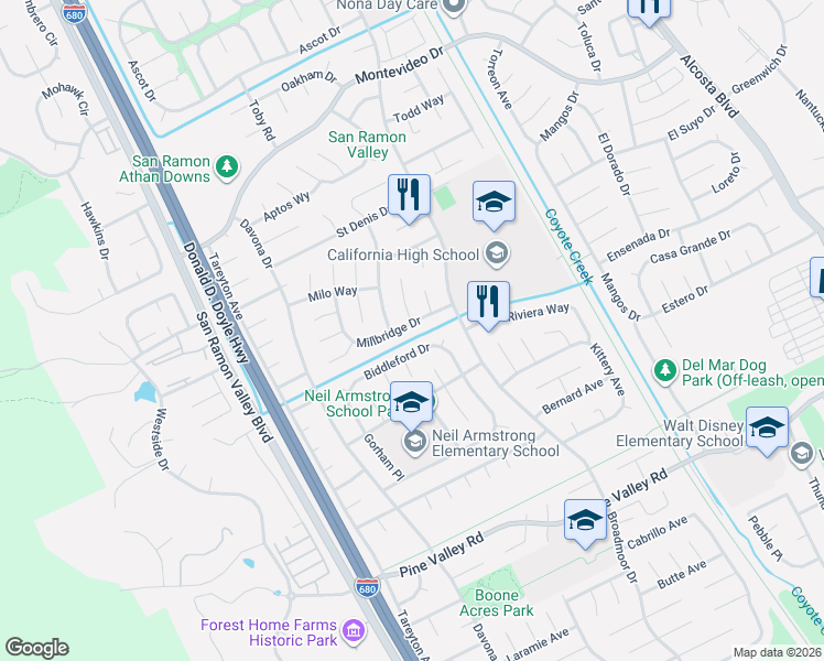map of restaurants, bars, coffee shops, grocery stores, and more near 2913 Biddleford Drive in San Ramon