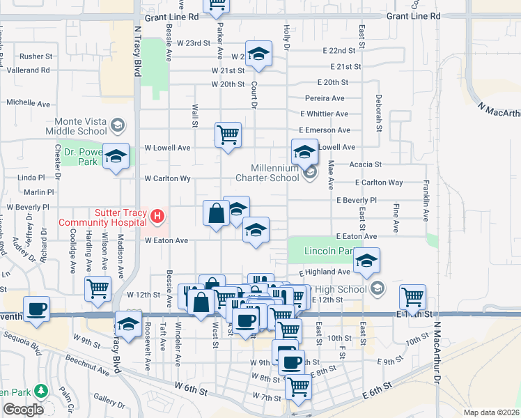 map of restaurants, bars, coffee shops, grocery stores, and more near 122 West Beverly Place in Tracy