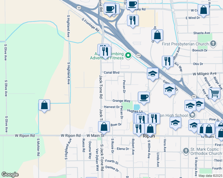 map of restaurants, bars, coffee shops, grocery stores, and more near 544 Meadowland Drive in Ripon