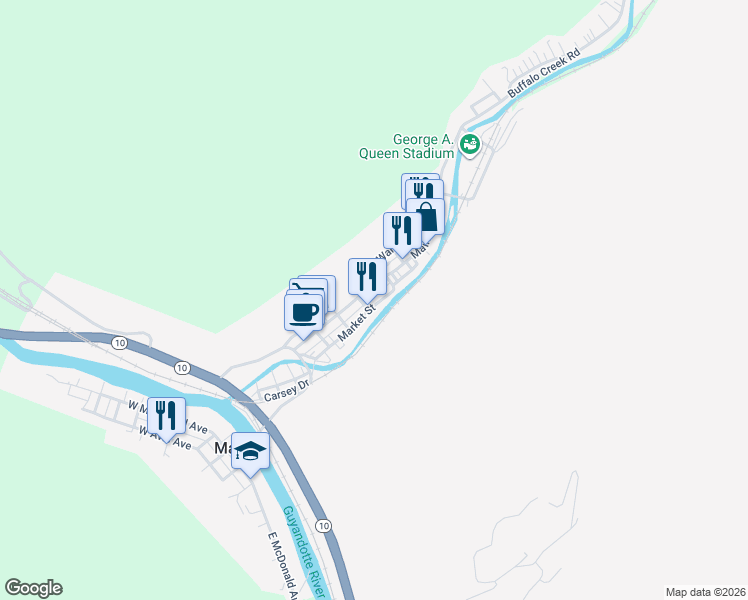 map of restaurants, bars, coffee shops, grocery stores, and more near 410 Market Street in Man