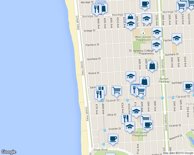 map of restaurants, bars, coffee shops, grocery stores, and more near 2251 46th Avenue in San Francisco