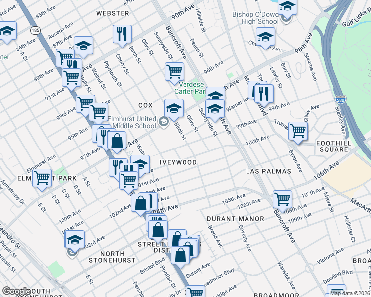 map of restaurants, bars, coffee shops, grocery stores, and more near 1836 99th Avenue in Oakland