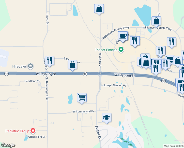 map of restaurants, bars, coffee shops, grocery stores, and more near 2925 West Deyoung Street in Marion