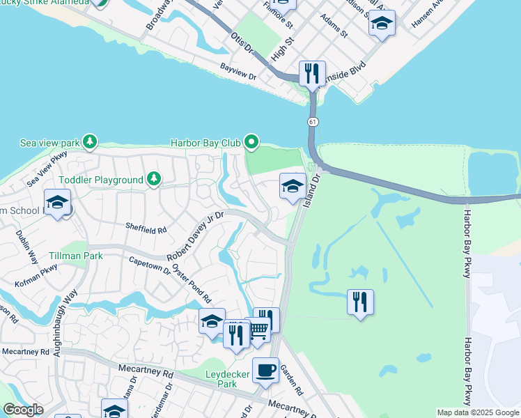 map of restaurants, bars, coffee shops, grocery stores, and more near 167 Purcell Drive in Alameda