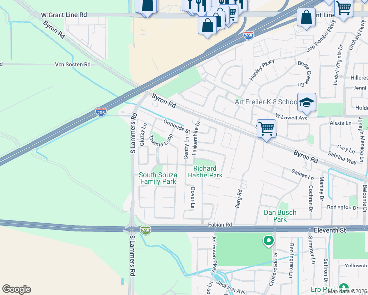 map of restaurants, bars, coffee shops, grocery stores, and more near 1505 Lankershire Drive in Tracy