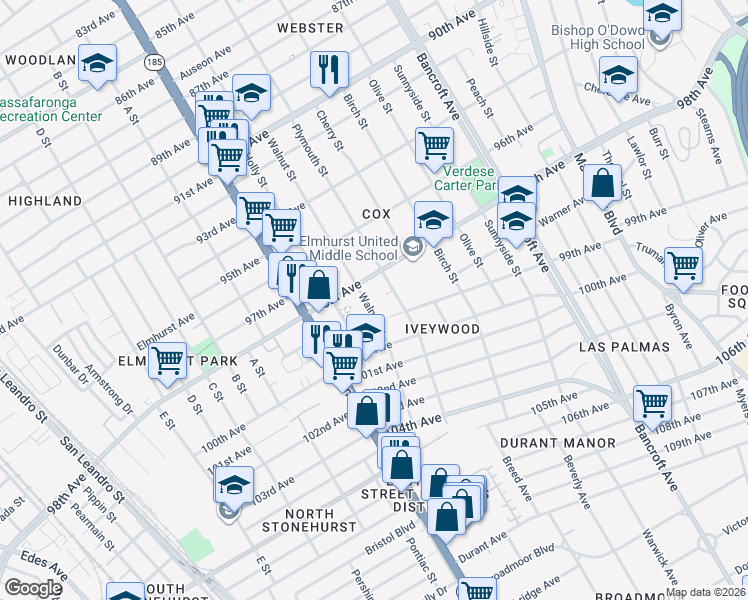 map of restaurants, bars, coffee shops, grocery stores, and more near 9858 Walnut Street in Oakland