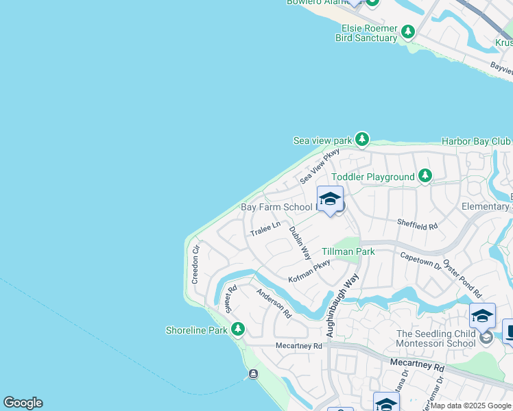 map of restaurants, bars, coffee shops, grocery stores, and more near 38 Shamrock Lane in Alameda