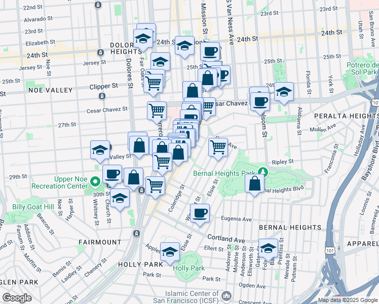 map of restaurants, bars, coffee shops, grocery stores, and more near in San Francisco