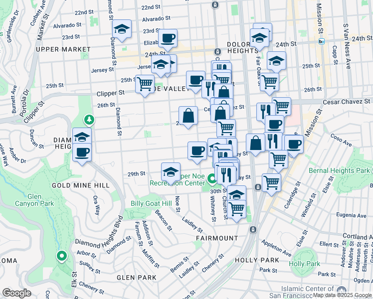 map of restaurants, bars, coffee shops, grocery stores, and more near 340 Valley Street in San Francisco