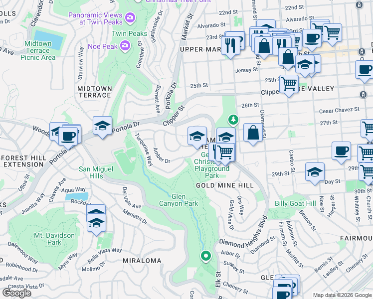 map of restaurants, bars, coffee shops, grocery stores, and more near 323 Amber Drive in San Francisco