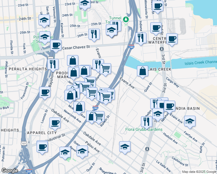 map of restaurants, bars, coffee shops, grocery stores, and more near 1289 Galvez Avenue in San Francisco