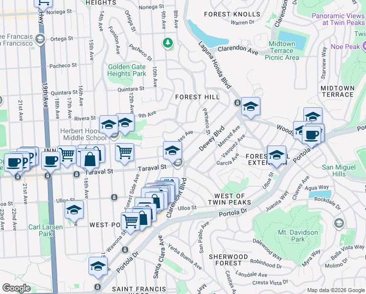 map of restaurants, bars, coffee shops, grocery stores, and more near 400 Magellan Avenue in San Francisco