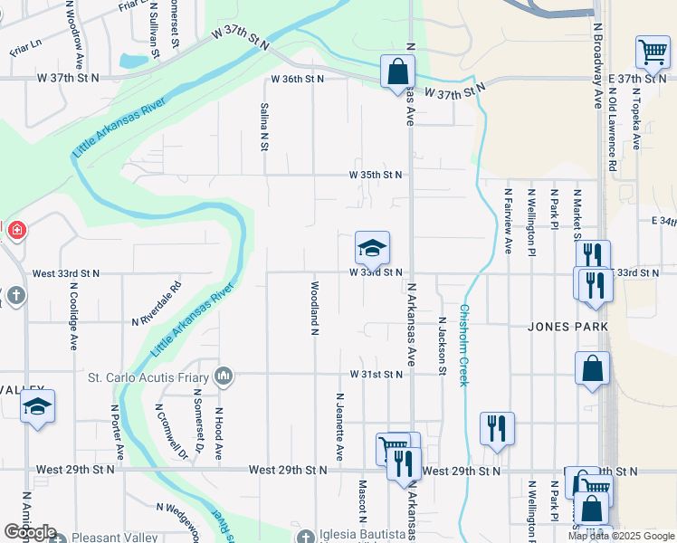 map of restaurants, bars, coffee shops, grocery stores, and more near 3401 Jeanette in Wichita