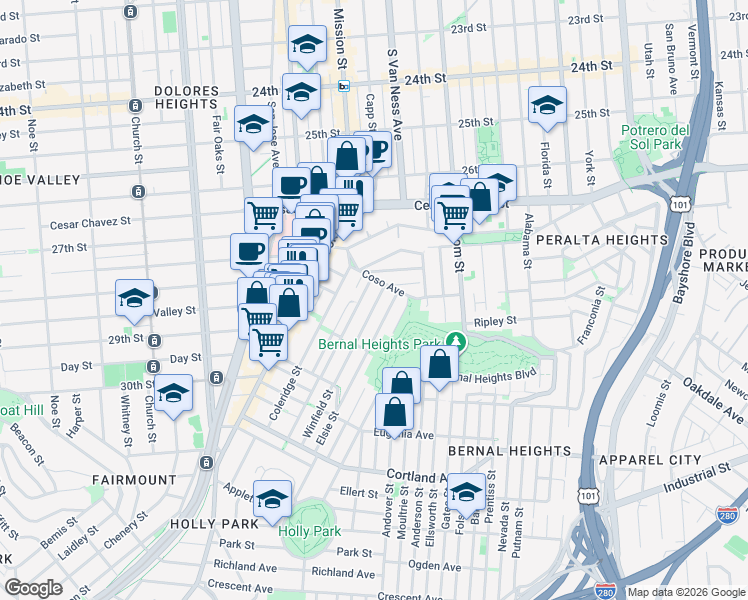 map of restaurants, bars, coffee shops, grocery stores, and more near 35 Elsie Street in San Francisco