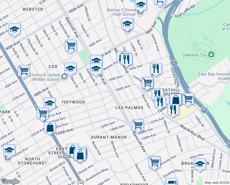 map of restaurants, bars, coffee shops, grocery stores, and more near 2220 100th Avenue in Oakland
