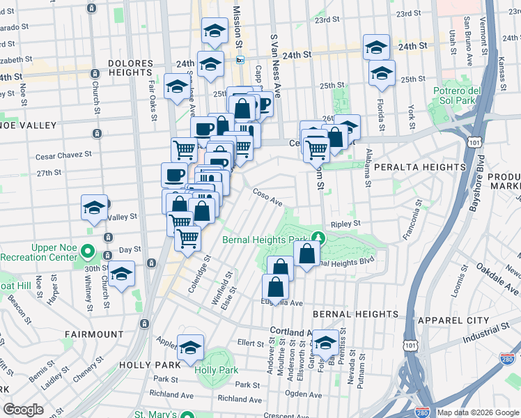 map of restaurants, bars, coffee shops, grocery stores, and more near 35 Elsie Street in San Francisco