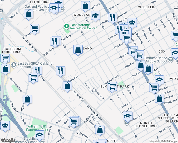 map of restaurants, bars, coffee shops, grocery stores, and more near 936 92nd Avenue in Oakland