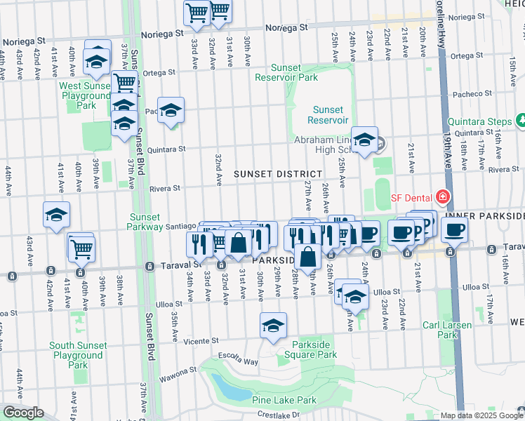 map of restaurants, bars, coffee shops, grocery stores, and more near 1818 Santiago Street in San Francisco