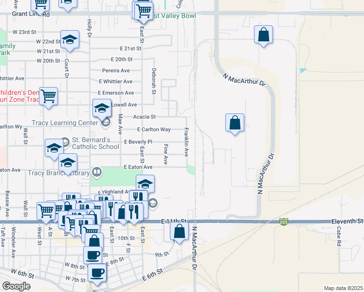 map of restaurants, bars, coffee shops, grocery stores, and more near 454 East Beverly Place in Tracy