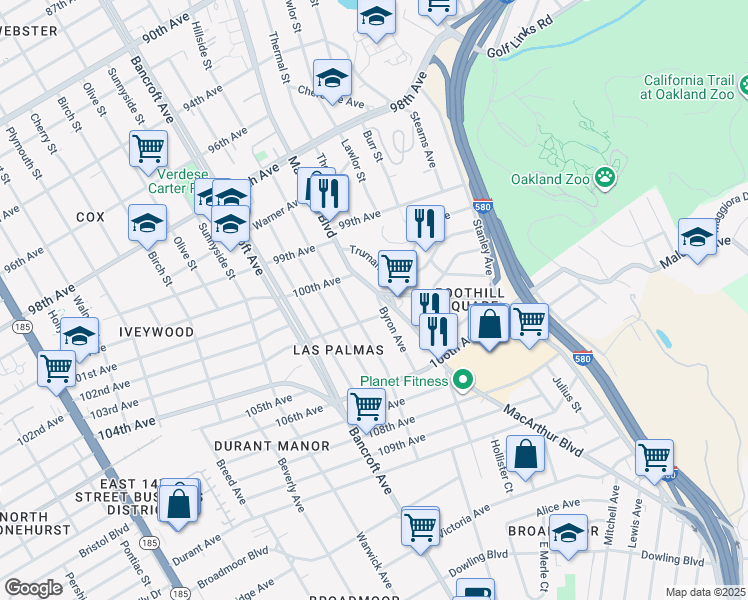 map of restaurants, bars, coffee shops, grocery stores, and more near in Oakland