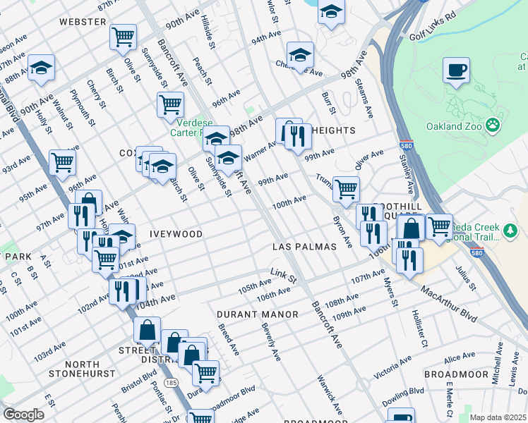 map of restaurants, bars, coffee shops, grocery stores, and more near 2125 101st Avenue in Oakland