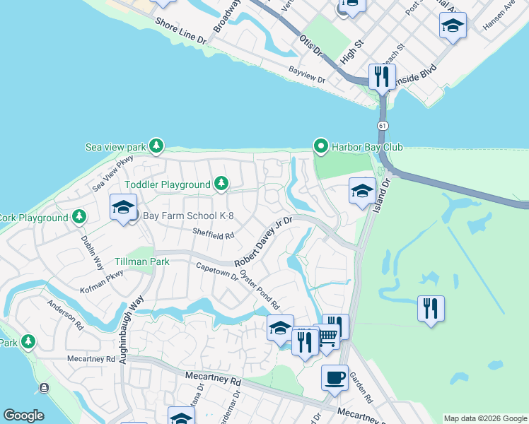 map of restaurants, bars, coffee shops, grocery stores, and more near 211 Puddingstone Road in Alameda
