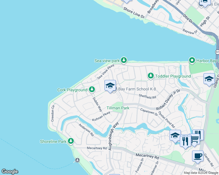 map of restaurants, bars, coffee shops, grocery stores, and more near 200 Aughinbaugh Way in Alameda