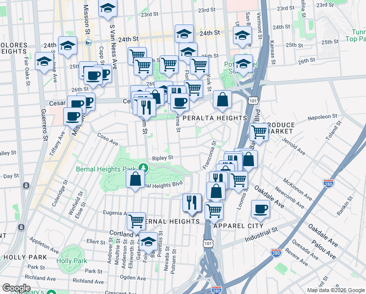map of restaurants, bars, coffee shops, grocery stores, and more near 1760 Alabama Street in San Francisco
