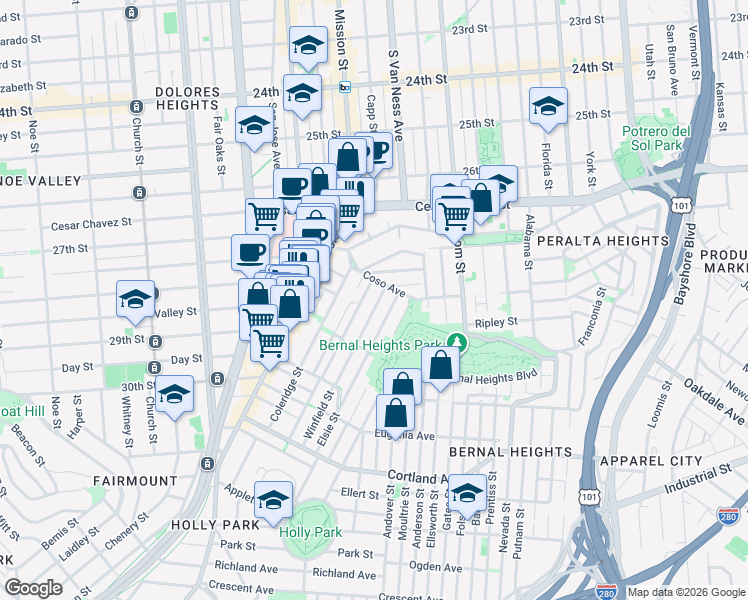map of restaurants, bars, coffee shops, grocery stores, and more near 35 Elsie Street in San Francisco