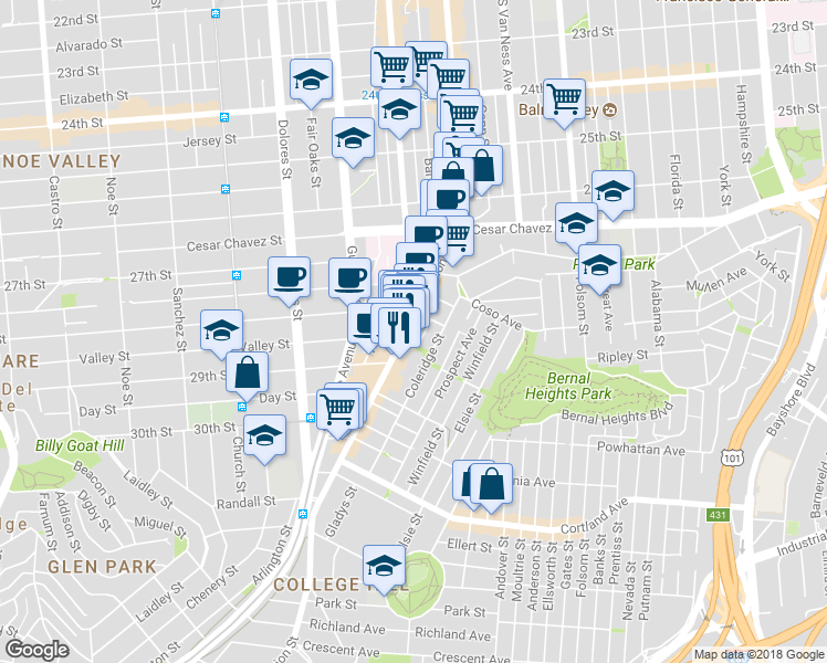 map of restaurants, bars, coffee shops, grocery stores, and more near in San Francisco