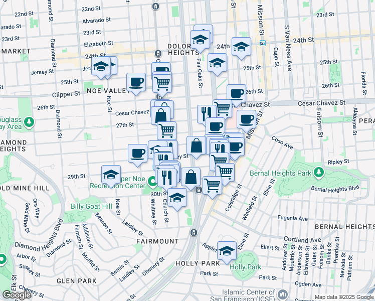 map of restaurants, bars, coffee shops, grocery stores, and more near 121 Valley Street in San Francisco